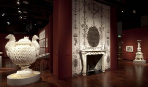 Design by Giambattista Piranesi (1720–1778), produced by Factum Arte. "Vase with Three Griffin Heads," 2010. Marble composite. "Marble Fireplace Mantle with Cast Iron Andirons," 2010. White marble and cast iron. Image courtesy of Factum Arte.
