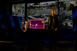 Grant James Varjas (left) and Charlie Thurston in La Jolla Playhouse and Tectonic Theater Project’s world-premiere production of Here There Are Blueberries; photo by Rich Soublet II.